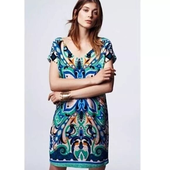 Anthropologie Maeve Blue Green Pleated Bird Short Sleeve Shift Dress Size Small - Picture 1 of 5